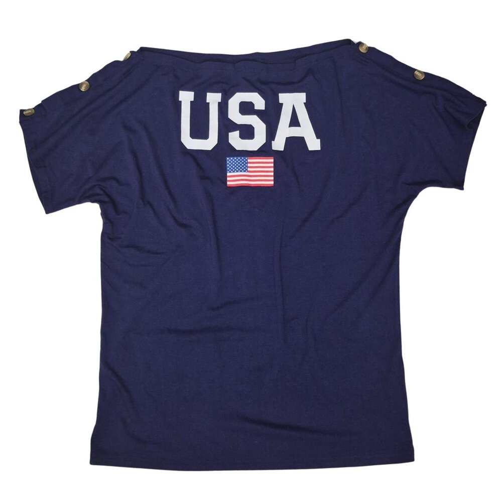 NWT  Womens Blue Patriotic Blouse Flag Print Boat Neck Short Sleeve Size Medium